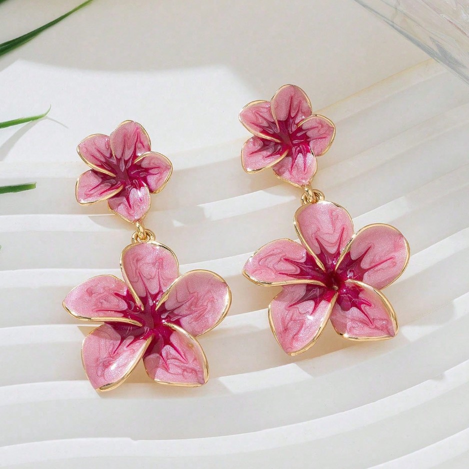 Two-Tier Enamel Plumeria Flower Drop Earrings, Electroplated Zinc Alloy Stainless Steel Pin Fresh Sweet Pastoral Oversized Floral Statement Ear Jewelry for Women