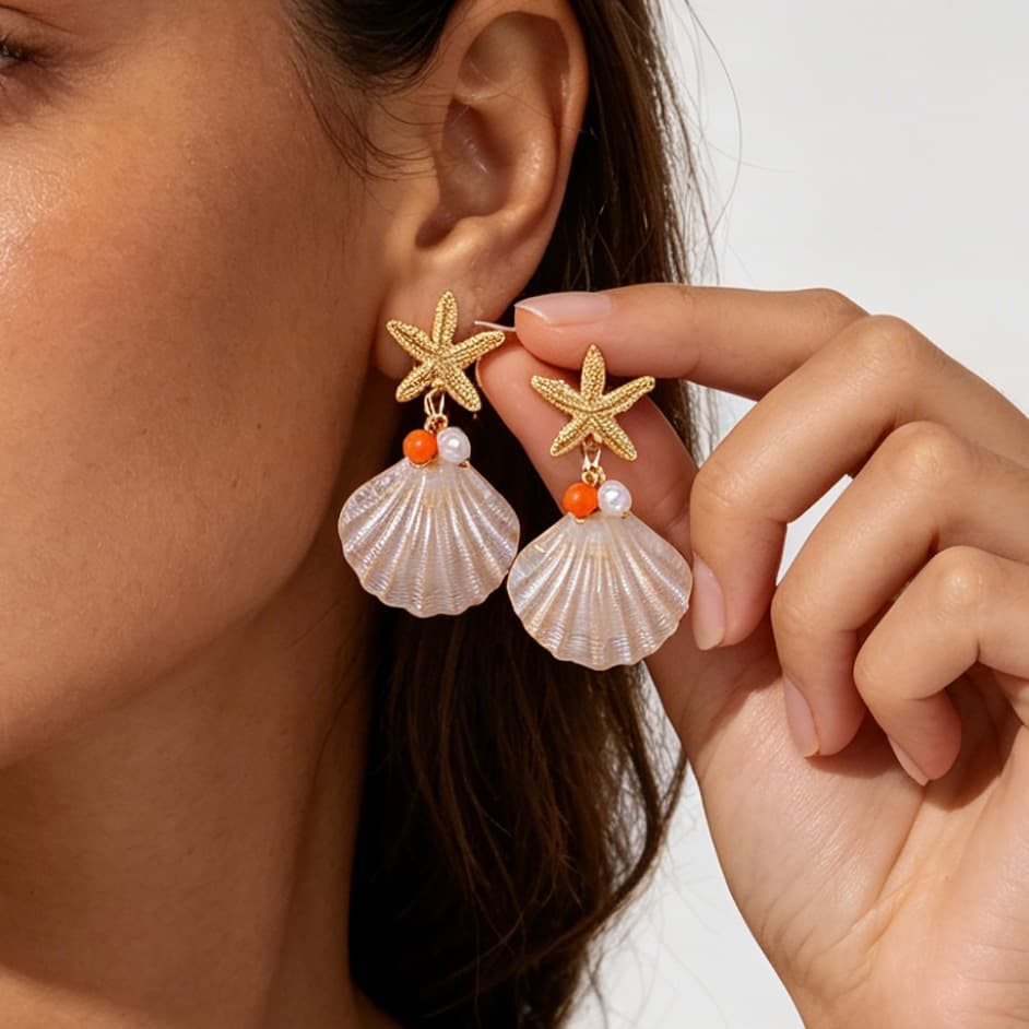 Ocean Natural Vacation Starfish Shell Drop Earrings, Electroplated Zinc Alloy Iron Pin Bold Marine Statement Fashion Commute Women Holiday Ear Jewelry