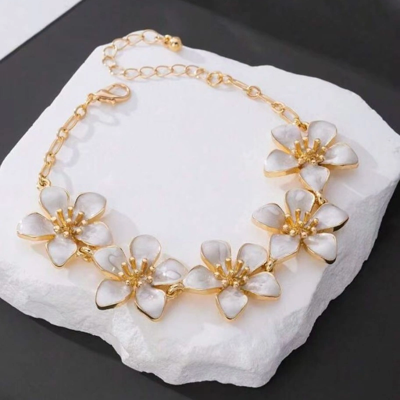 Pink Cherry Blossom Drip Enamel Ankle Bracelet, Electroplated Zinc Alloy Floral Vacation OL Women Adjustable Beach Anklet Foot Jewelry