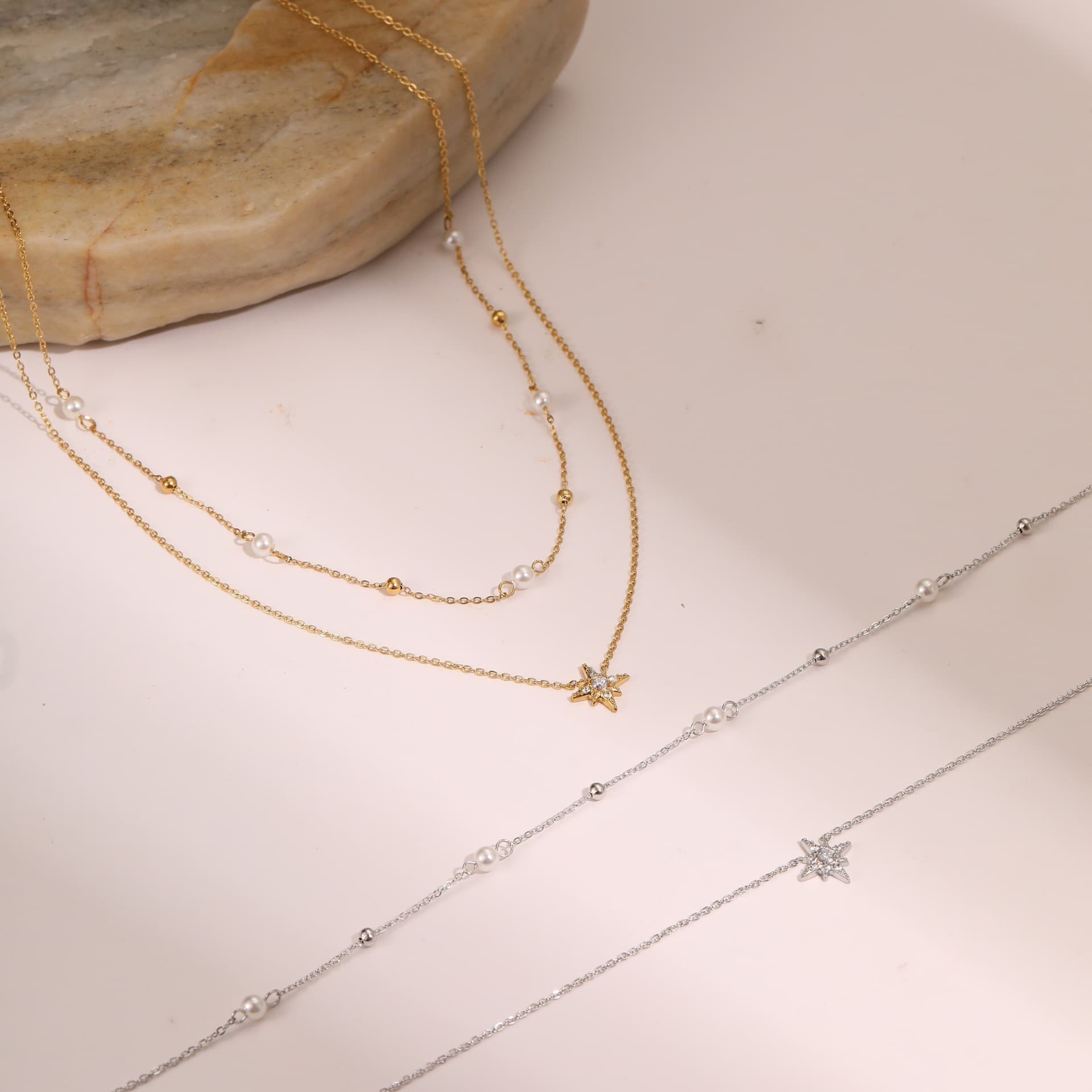Double Layer Star Rhinestone Pearl Stacked Necklace, PVD Gold Plated Stainless Steel Dainty 8 Point Star Choker Minimal Women Daily Jewelry