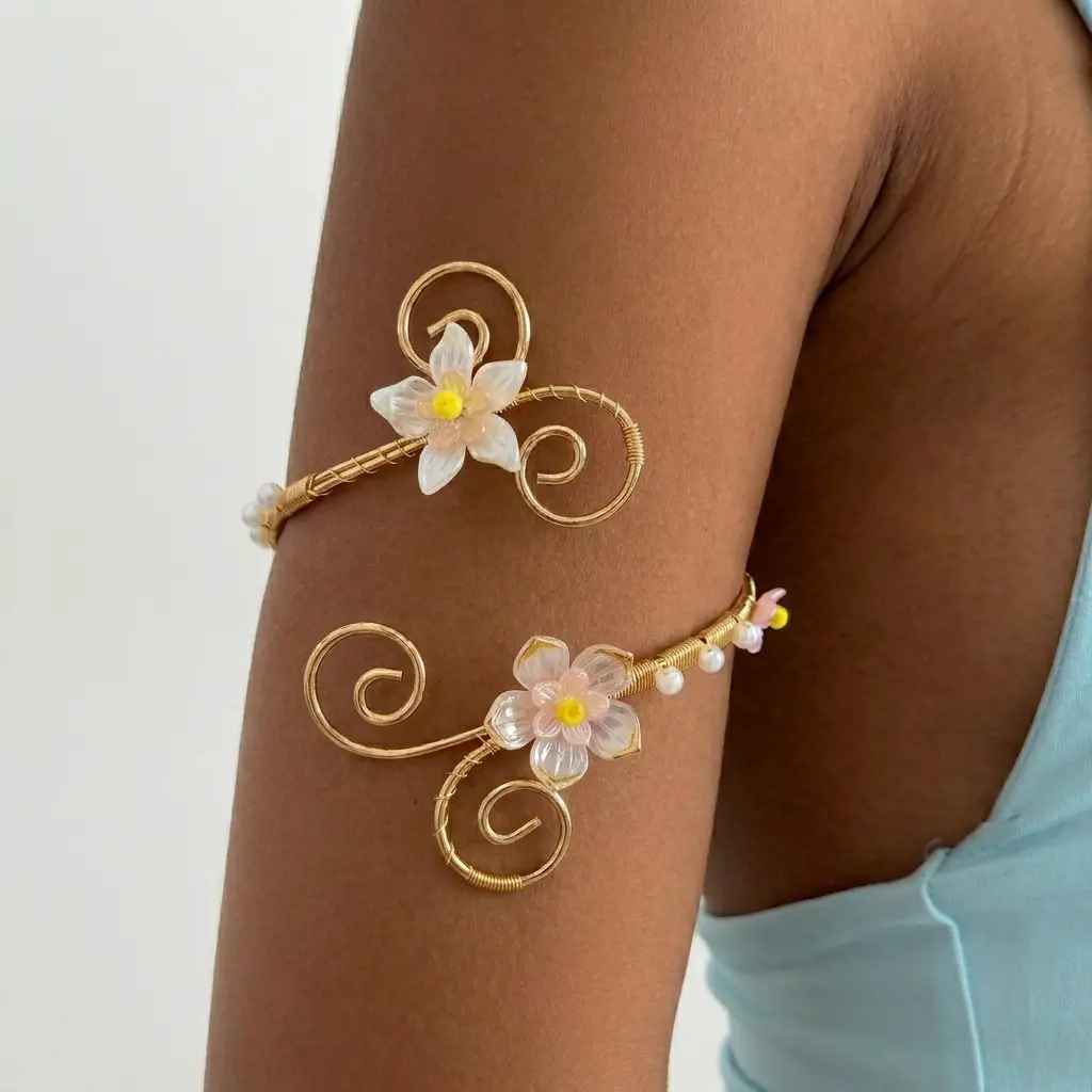 Ocean Butterfly Shell Arm Cuff, Electroplated Iron Spiral Open Upper Arm Bracelet Faux Pearl Starfish Crystal Women Summer Vacation Arm Jewelry
