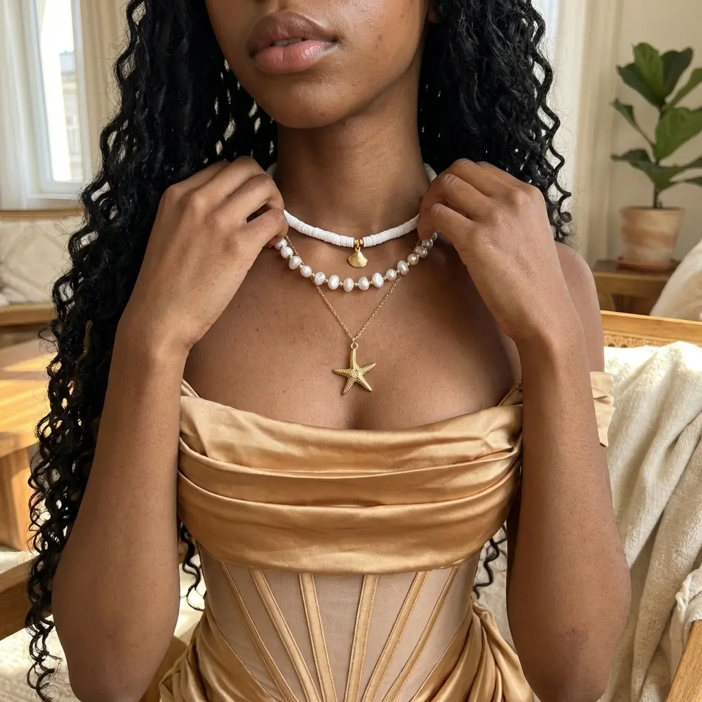 Multi-Layer Ocean Beach Stack Necklace Set, Electroplated Alloy Starfish Shell Beaded Choker Fresh Sweet Vacation Travel Collarbone Jewelry for Women