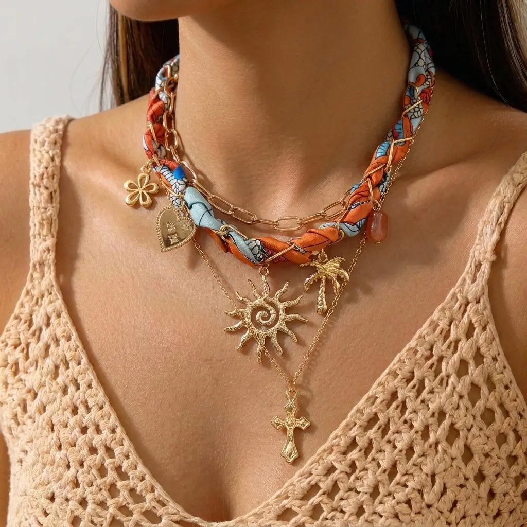 Luxury Multi-Layer Silk Scarf Ocean Stack Necklace, Electroplated Alloy Zinc Pendant Floral Starfish Sun Charms Casual Travel Fashion Commute Women Collarbone Jewelry