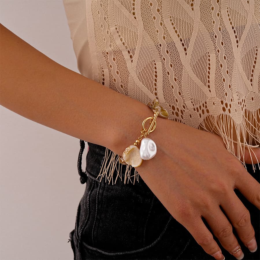 Irregular Baroque Shell & Imitation Pearl Jewelry Set, Boho Vacation Natural Geometric Collarbone Necklace Bracelet Elegant Women Daily Accessories