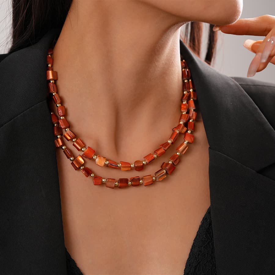 Double Layer Irregular Shell Beaded Collarbone Necklace, 2026 Summer Boho Vacation Geometric Natural Shell Stacked Choker Minimal High-End Jewelry for Women
