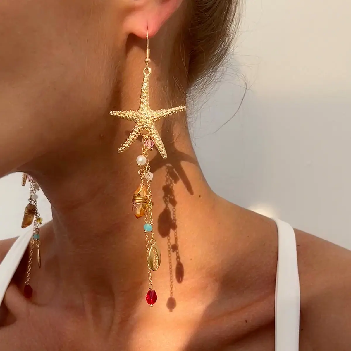 Boho Ocean Starfish Shell Crystal Drop Necklace, Electroplated Alloy Cable Chain Irregular Marine Pendant Personality Women Beach Vacation Collarbone Jewelry