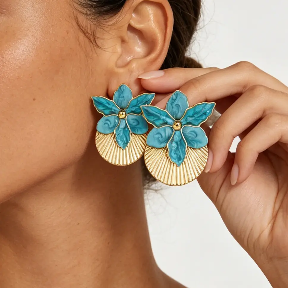 Oversized Yellow Enamel Flower Drop Earrings, Electroplated Zinc Alloy Iron Pin French Sweet Coastal Vacation Statement Floral Earrings for Women
