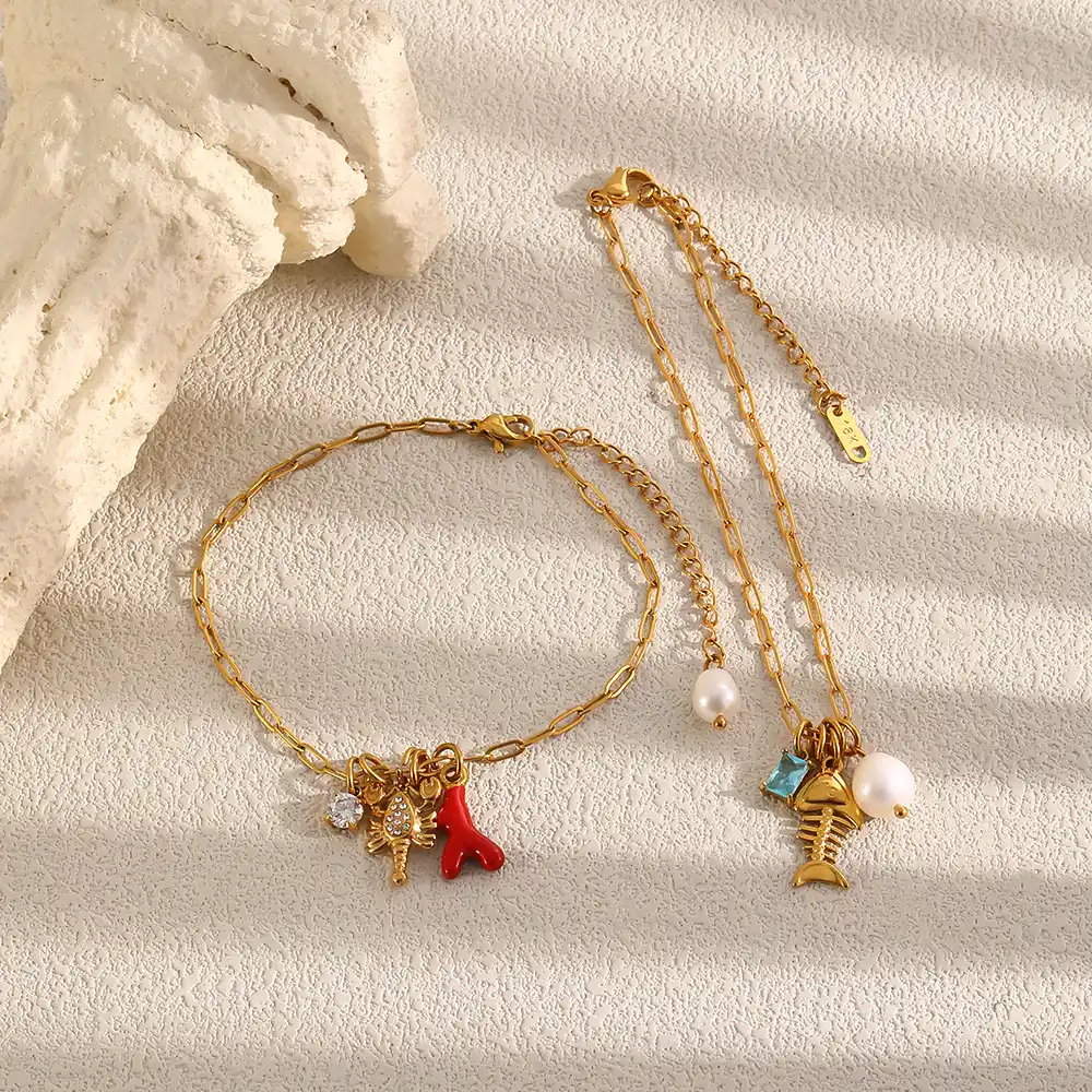 18K Gold Plated Stainless Steel Ocean Ankle Bracelet, Zircon Lobster Coral Fish Charm Natural Summer Beach Foot Jewelry for Women