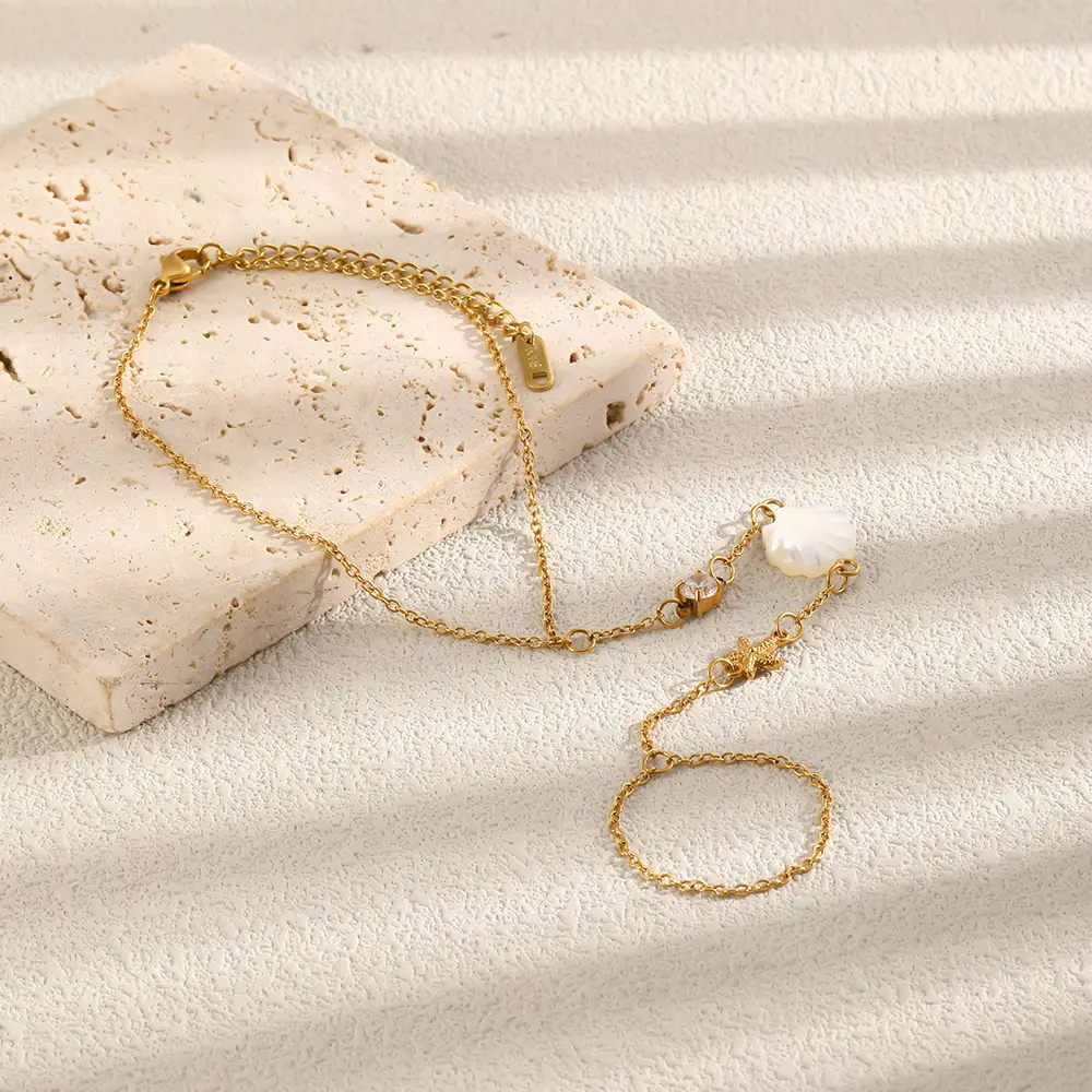 18K Gold Plated Stainless Steel Shell Toe Ankle Bracelet, Rhinestone Starfish Natural Ocean Dainty Foot Chain Summer Beach Women Vacation Anklet