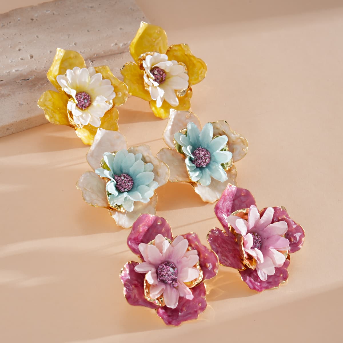 Spring Drip Oil Fabric Flower Stud Earrings, Sweet Floral Steel Pin Niche Design Bohemian Vacation Statement Ear Jewelry for Women