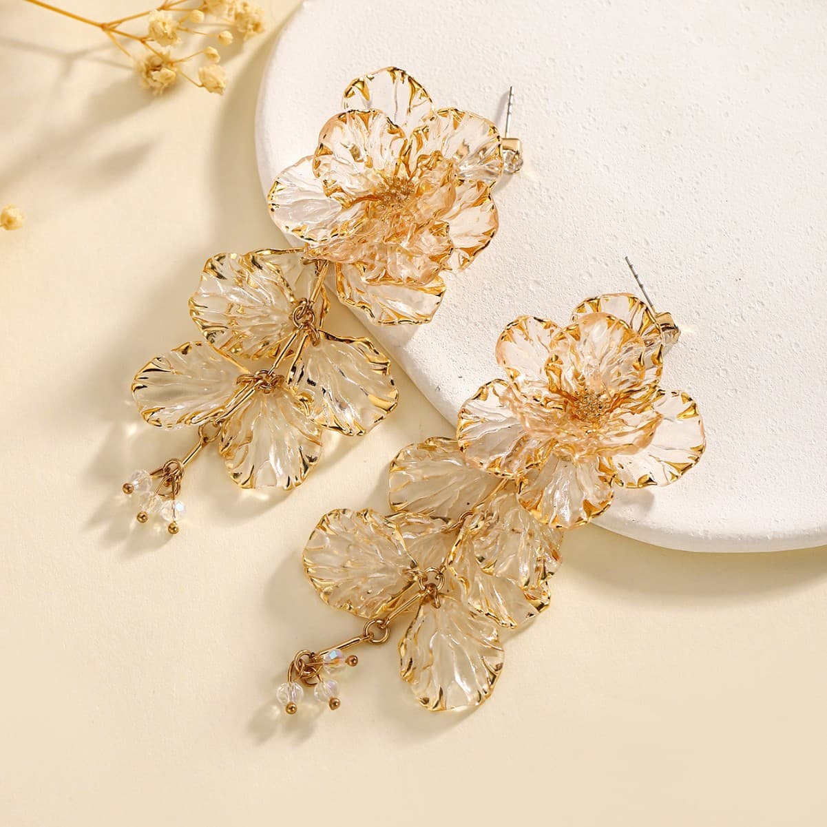 Champagne Transparent Resin Floral Tassel Drop Earrings, Oversized Layer Petal Crystal Stud Niche Elegant Fresh Sweet Women Statement Ear Jewelry
