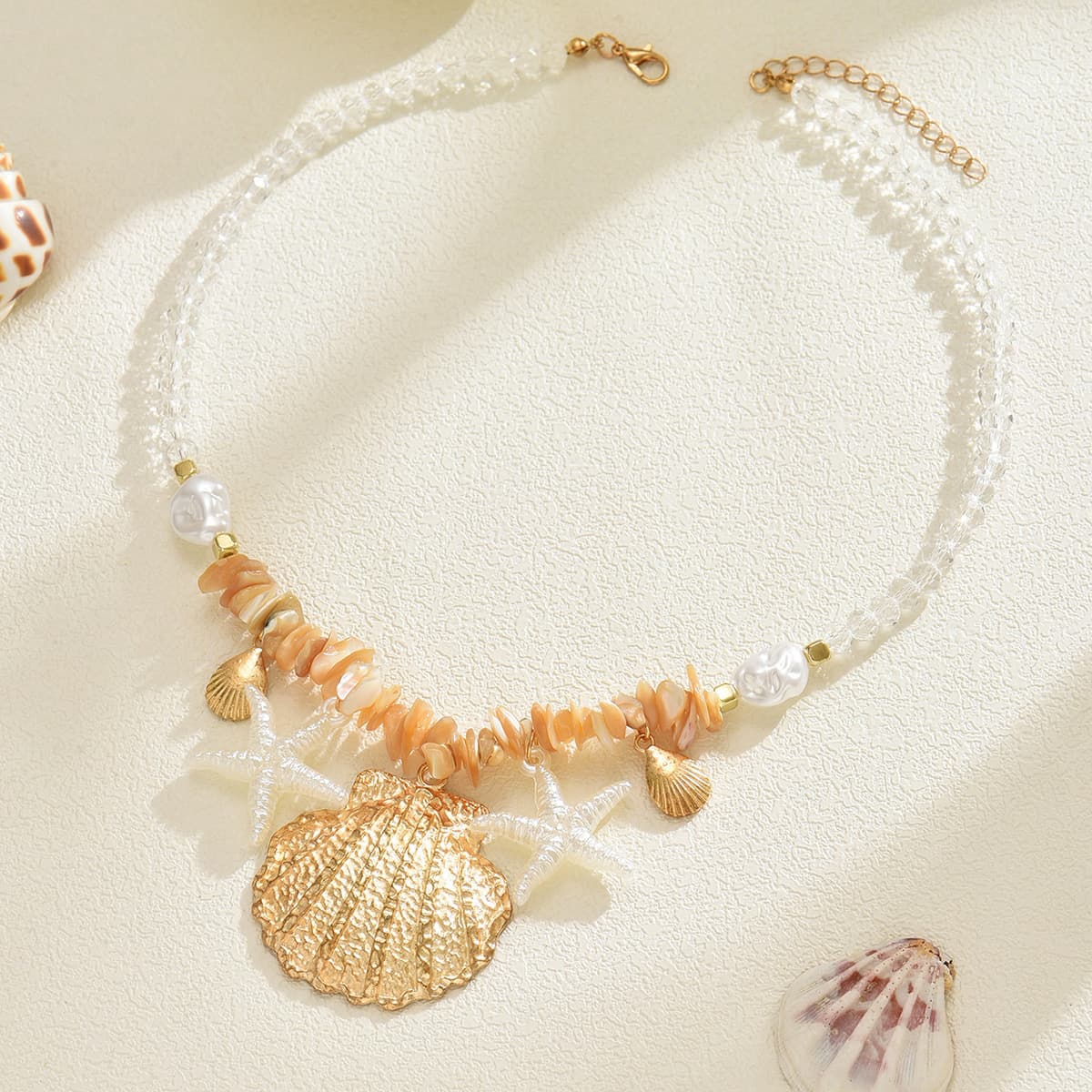 Boho Summer Beach Natural Shell Starfish Pearl Beaded Collarbone Necklace, Gold Plated Alloy Ocean Pendant Stackable Vacation Statement Jewelry for Women