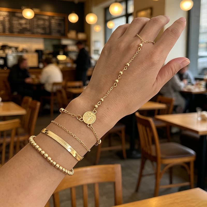 4Pcs Stackable Gold Bracelet Set, Cross Coin CCB Bead Snake Chain Hand Chain Connected Finger Ring Ins Hip Hop Minimal Personality Daily Jewelry for Women