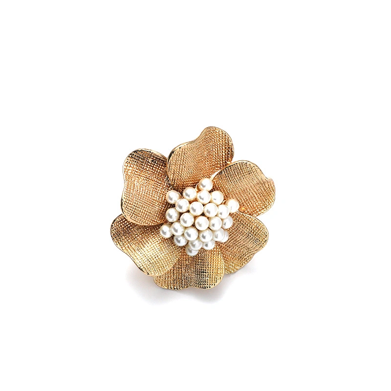 Oversized Textured Metal Flower Open Ring, Electroplated Alloy Cluster Faux Pearl Vintage Luxury Light Women Adjustable Index Finger Statement Ring