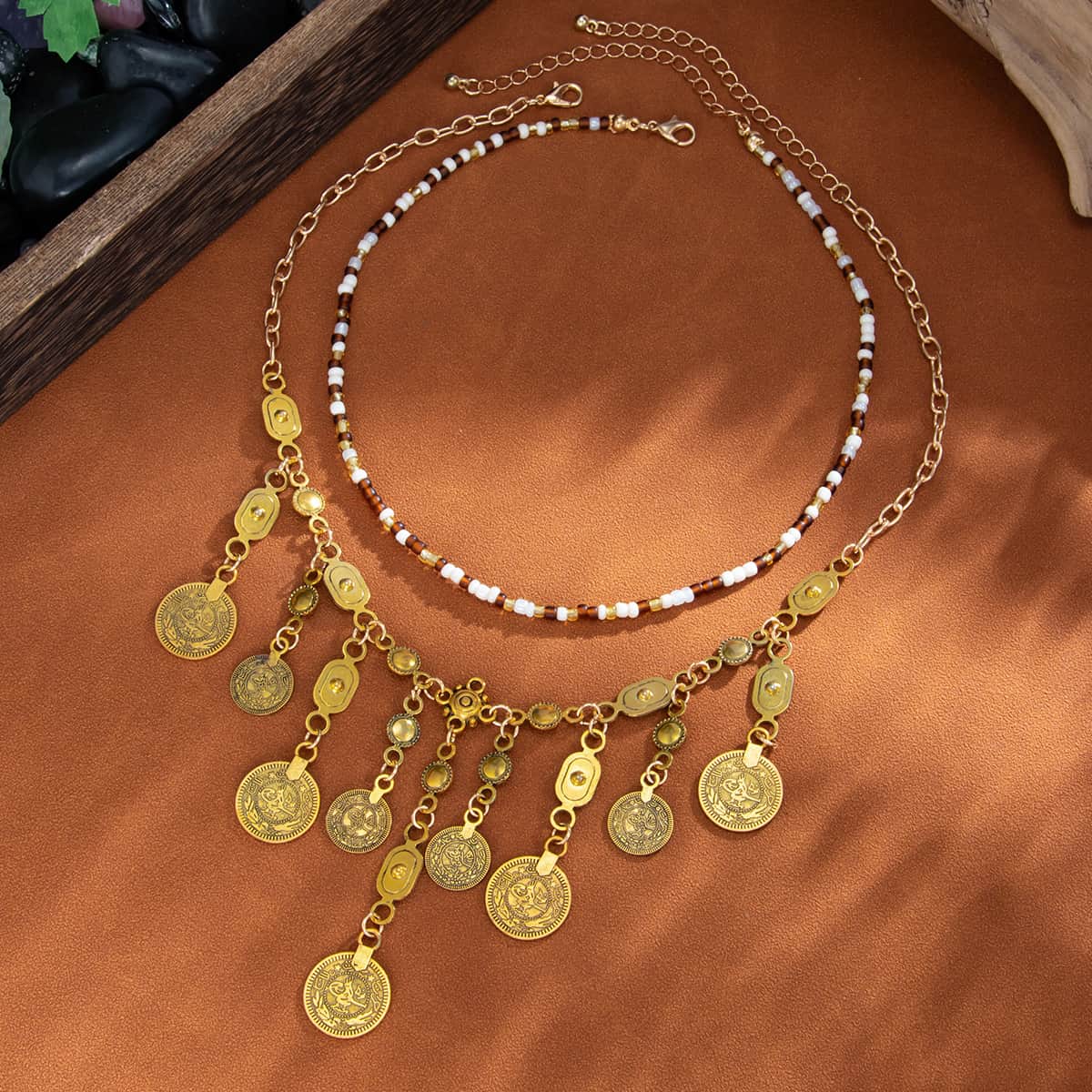 Boho Multi Layer Coin Tassel Necklace Vintage Ethnic Beaded Gold Choker Retro Geometric Pendant Women Daily Jewelry