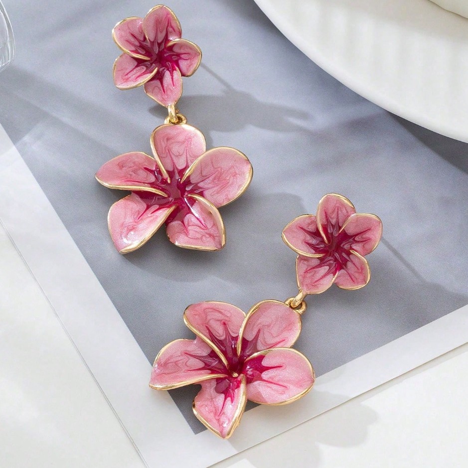 Two-Tier Enamel Plumeria Flower Drop Earrings, Electroplated Zinc Alloy Stainless Steel Pin Fresh Sweet Pastoral Oversized Floral Statement Ear Jewelry for Women