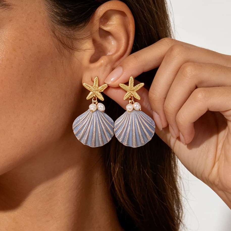 Ocean Natural Vacation Starfish Shell Drop Earrings, Electroplated Zinc Alloy Iron Pin Bold Marine Statement Fashion Commute Women Holiday Ear Jewelry