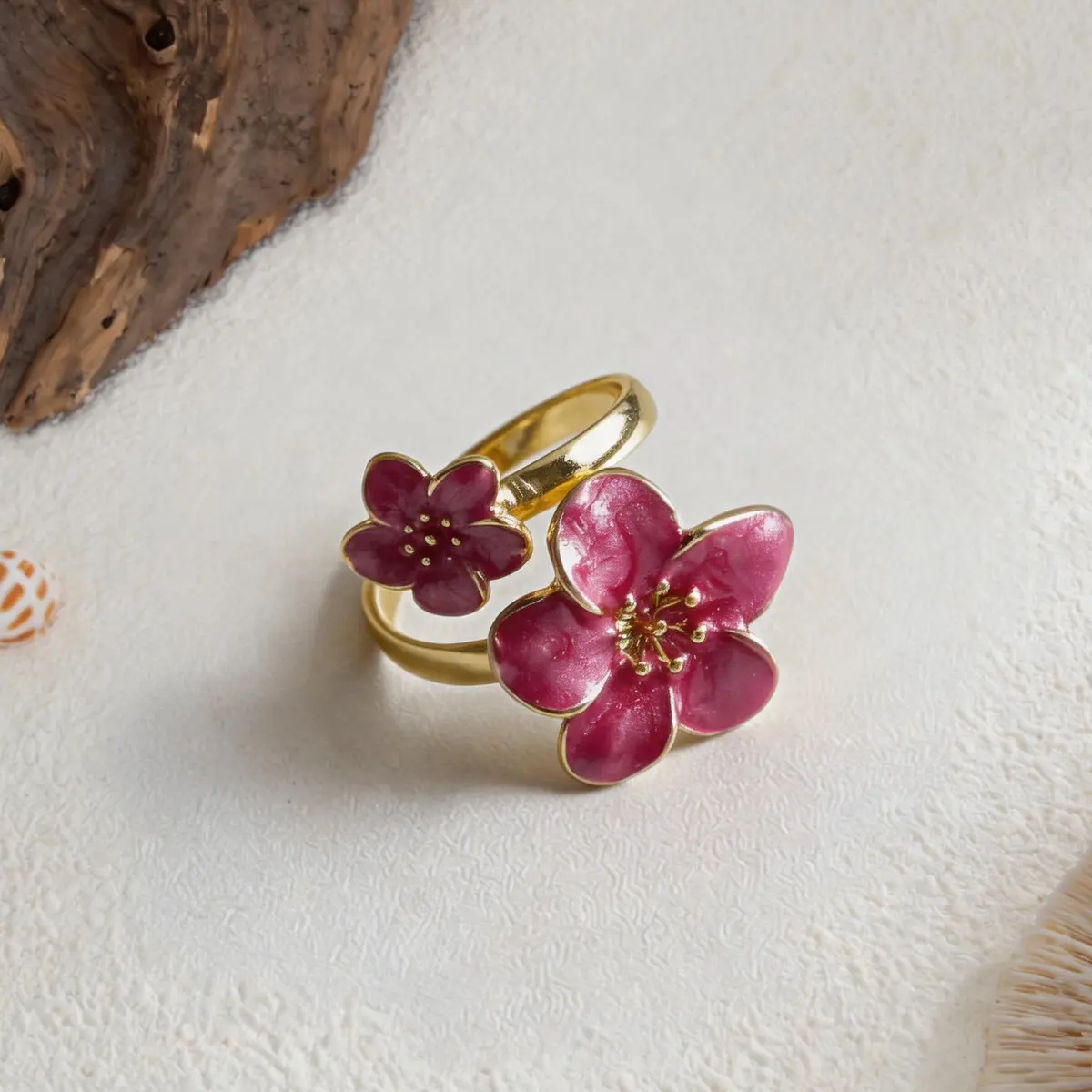 Dainty Drip Enamel Double Flower Open Ring, Electroplated Metal Sweet Fresh Floral Adjustable Stackable Women Statement Finger Jewelry