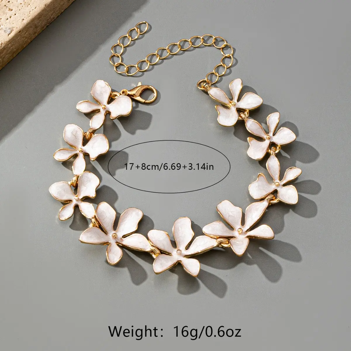 Vintage 3D White Enamel Flower Link Bracelet, Electroplated Zinc Alloy Minimal Fashion Commute Women Gold Floral Wrist Jewelry