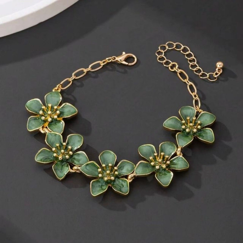 Pink Cherry Blossom Drip Enamel Ankle Bracelet, Electroplated Zinc Alloy Floral Vacation OL Women Adjustable Beach Anklet Foot Jewelry