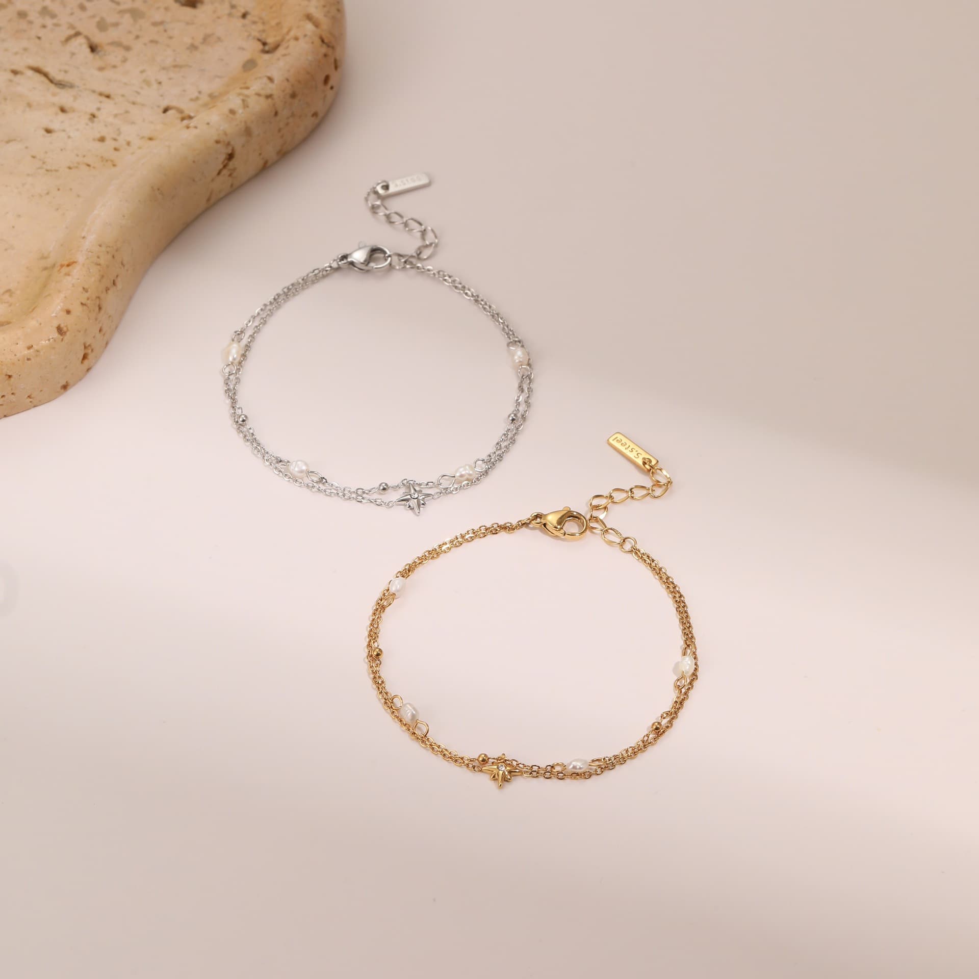 Double Layer Star Rhinestone Pearl Stacked Necklace, PVD Gold Plated Stainless Steel Dainty 8 Point Star Choker Minimal Women Daily Jewelry