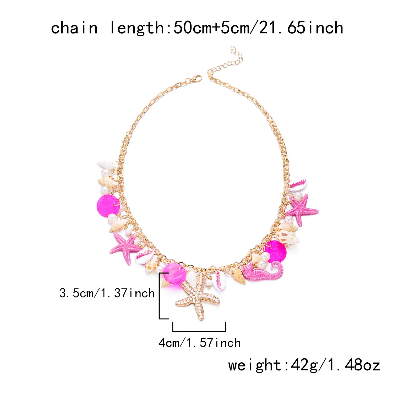 Beach Vacation Starfish Shell Pearl Beaded Necklace, Handcrafted Alloy O Chain Bold Natural Marine Statement Collarbone Jewelry for Women Daily Commute