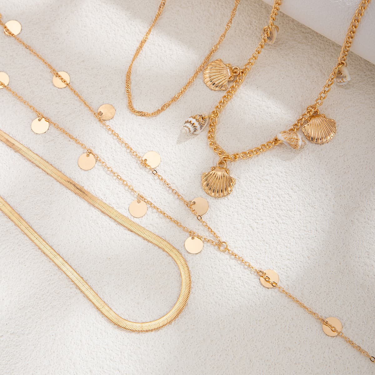 4-Layer Ocean Seashell Conch Y Drop Necklace, Gold Sequin Disc Stacked Collarbone Choker Boho Vacation Natural Jewelry for Women