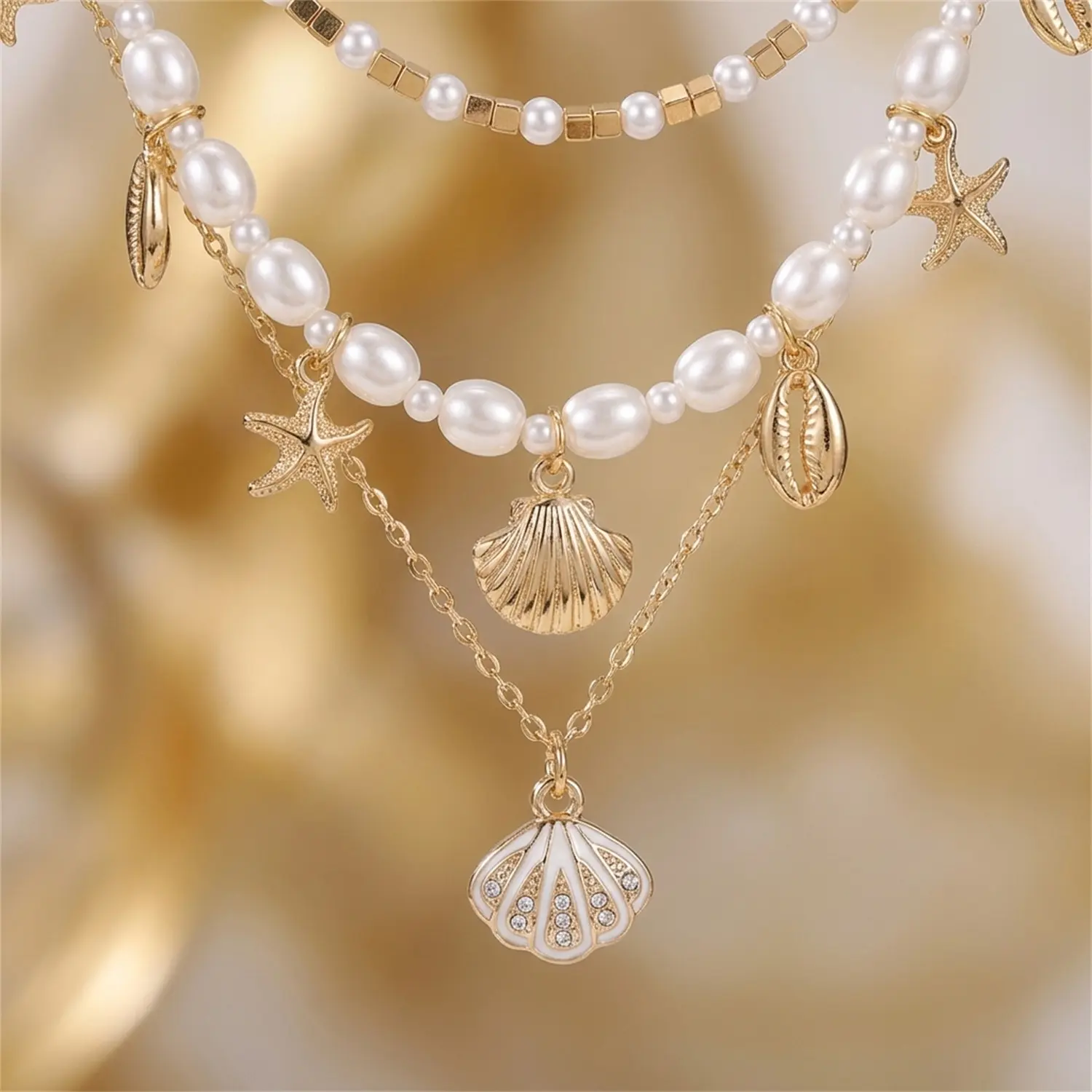 Multi-Layer Ocean Beach Stack Necklace Set, Electroplated Alloy Starfish Shell Beaded Choker Fresh Sweet Vacation Travel Collarbone Jewelry for Women