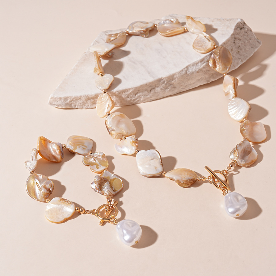 Irregular Baroque Shell & Imitation Pearl Jewelry Set, Boho Vacation Natural Geometric Collarbone Necklace Bracelet Elegant Women Daily Accessories
