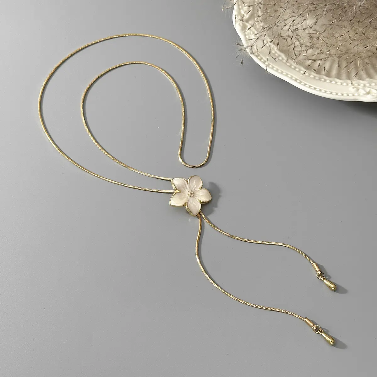 Adjustable Pull Slide Snake Chain Lariat Necklace, Colorful Drip Oil Flower Pendant Electroplated Alloy Ins Cool Sweet Personality Daily Women Collarbone Jewelry