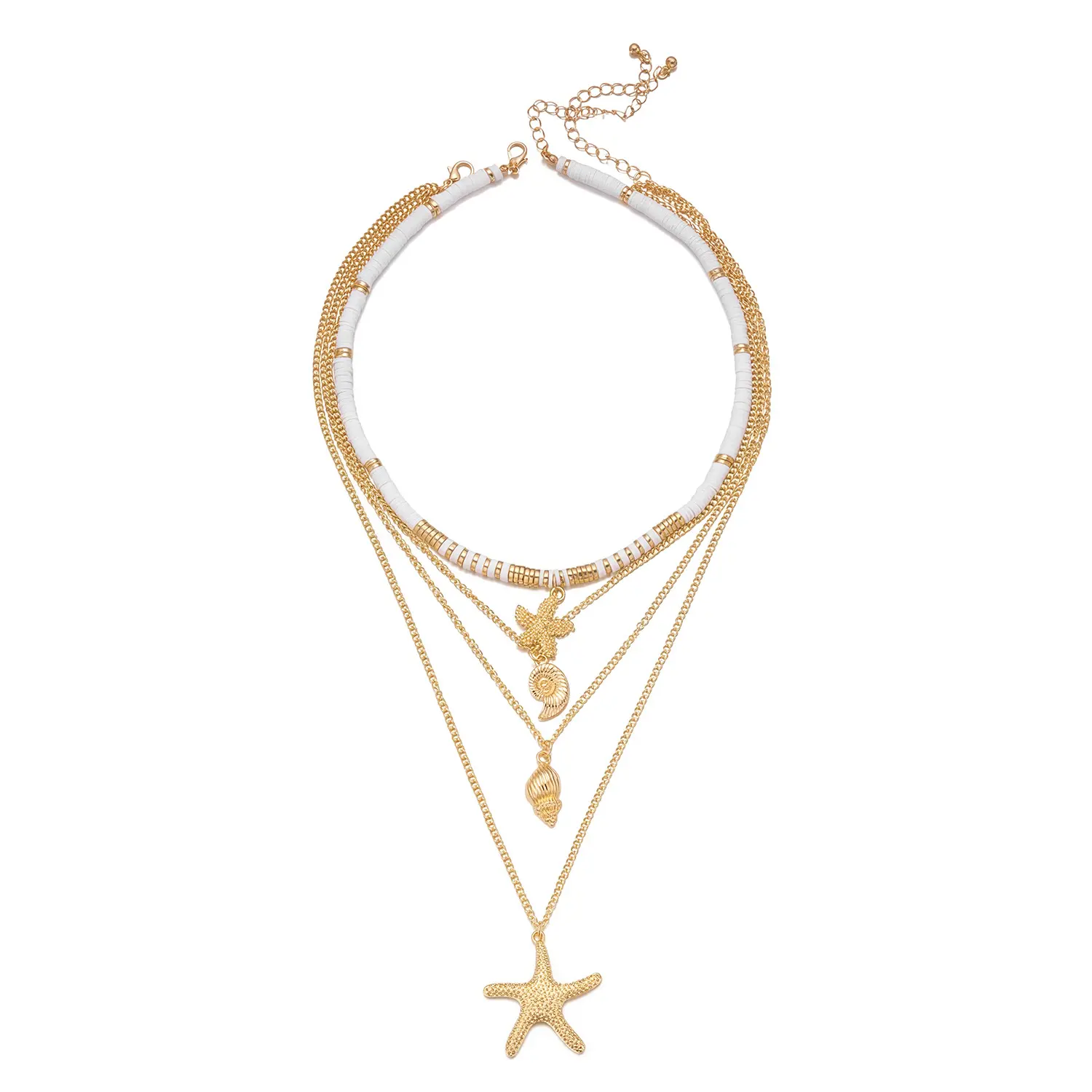 Multi-Layer Ocean Beach Stack Necklace Set, Electroplated Alloy Starfish Shell Beaded Choker Fresh Sweet Vacation Travel Collarbone Jewelry for Women