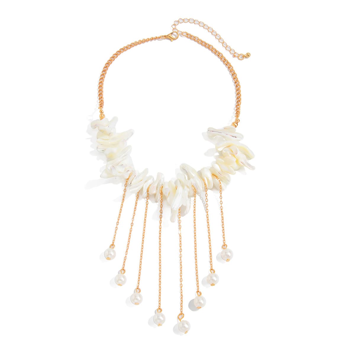 Boho Vacation Natural Shell Chip Beaded Choker Necklace, Irregular Geometric Shell Faux Pearl Tassel Fringe Collarbone Jewelry for Women
