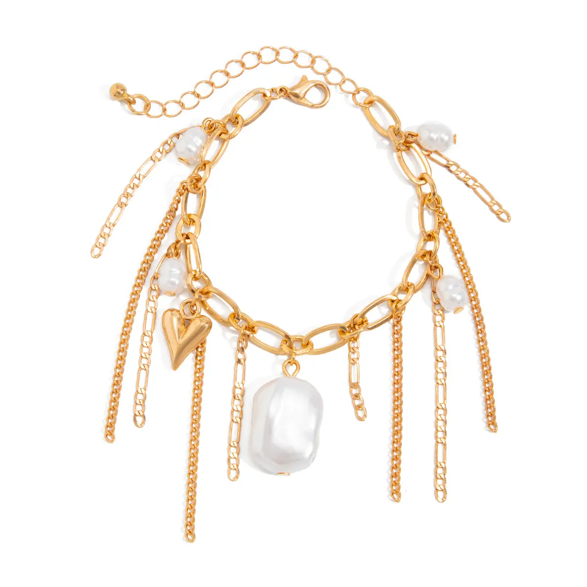 Sweet Cool Heart Baroque Pearl Tassel Chain Bracelet, Electroplated Copper & Iron Chain Personality Trend Women Stackable Wrist Jewelry