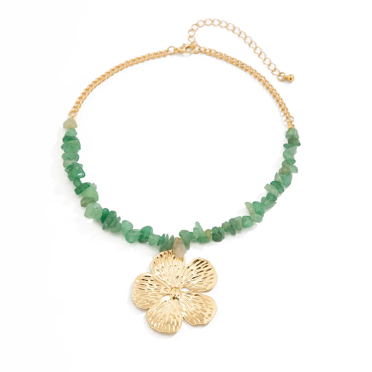 Boho Irregular Natural Green Crushed Stone Choker Necklace, Electroplated Alloy Textured Metal Flower Pendant Retro Literary Women Collarbone Jewelry
