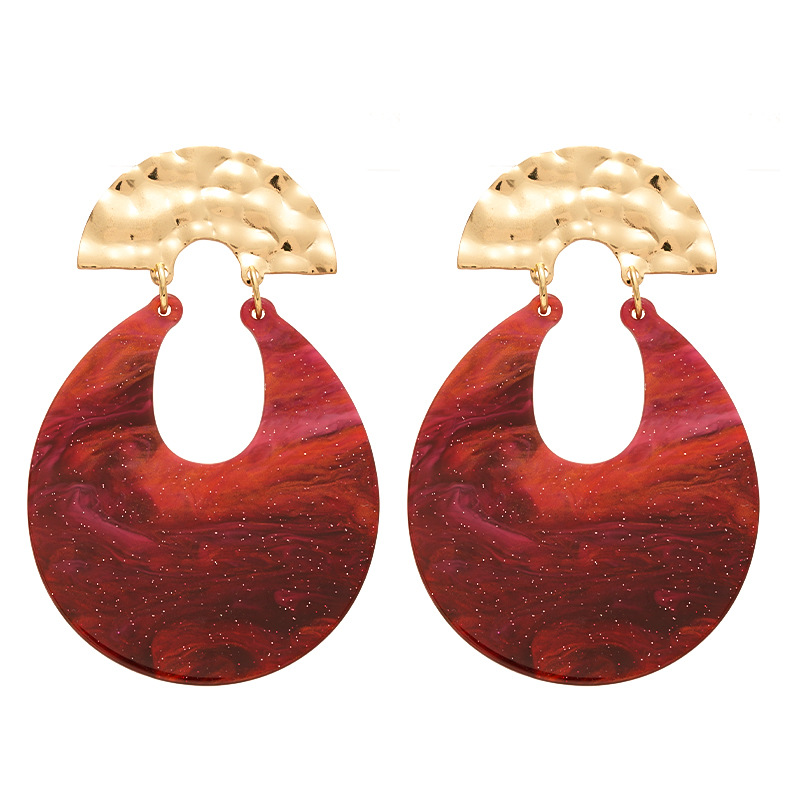 Vintage Oversized Burgundy Marbled Resin U Drop Earrings, Hammered Gold Geometric Steel Pin Bold Statement Niche High-End Ear Jewelry for Women
