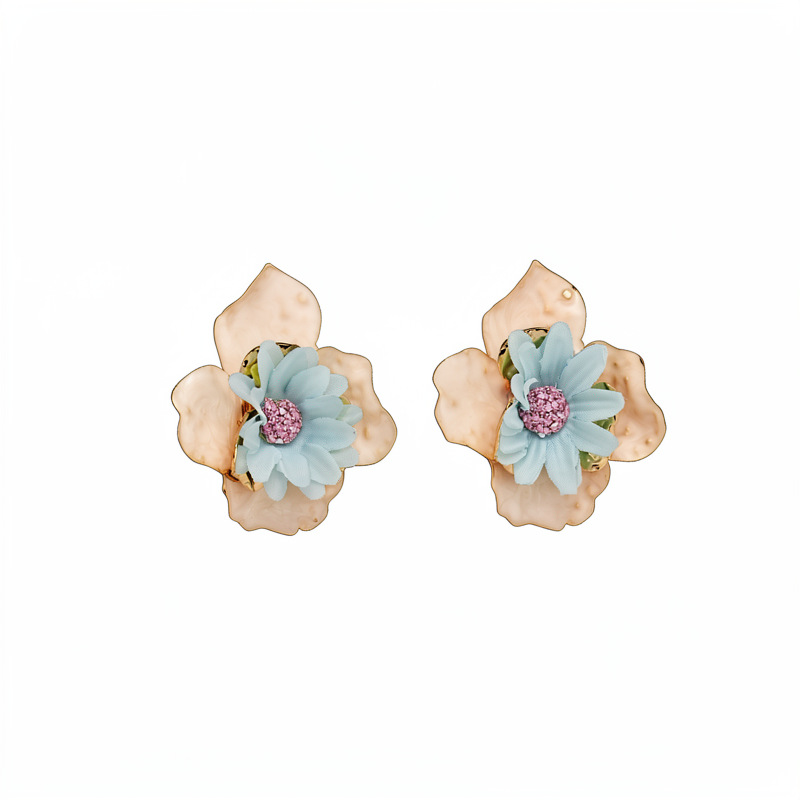 Spring Drip Oil Fabric Flower Stud Earrings, Sweet Floral Steel Pin Niche Design Bohemian Vacation Statement Ear Jewelry for Women