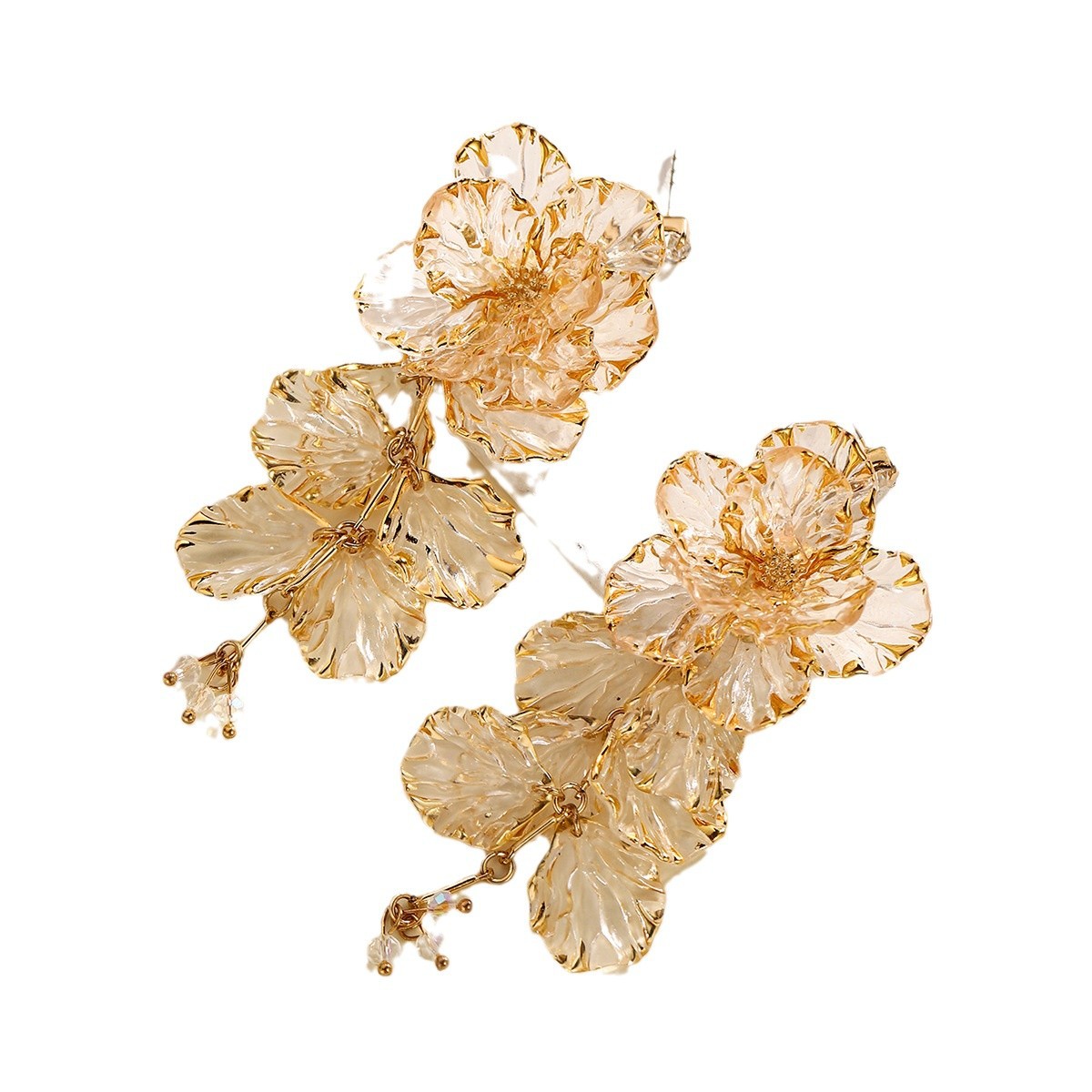 Champagne Transparent Resin Floral Tassel Drop Earrings, Oversized Layer Petal Crystal Stud Niche Elegant Fresh Sweet Women Statement Ear Jewelry