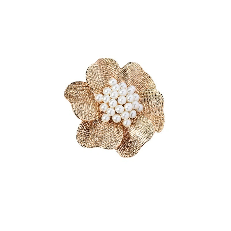Oversized Textured Metal Flower Open Ring, Electroplated Alloy Cluster Faux Pearl Vintage Luxury Light Women Adjustable Index Finger Statement Ring