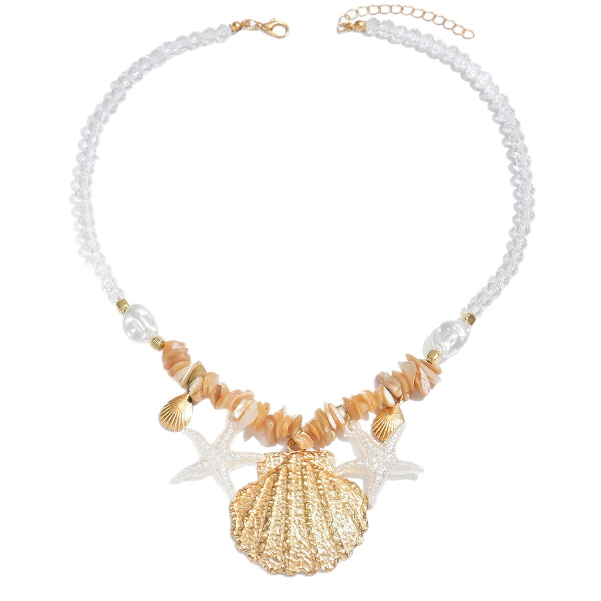 Boho Summer Beach Natural Shell Starfish Pearl Beaded Collarbone Necklace, Gold Plated Alloy Ocean Pendant Stackable Vacation Statement Jewelry for Women