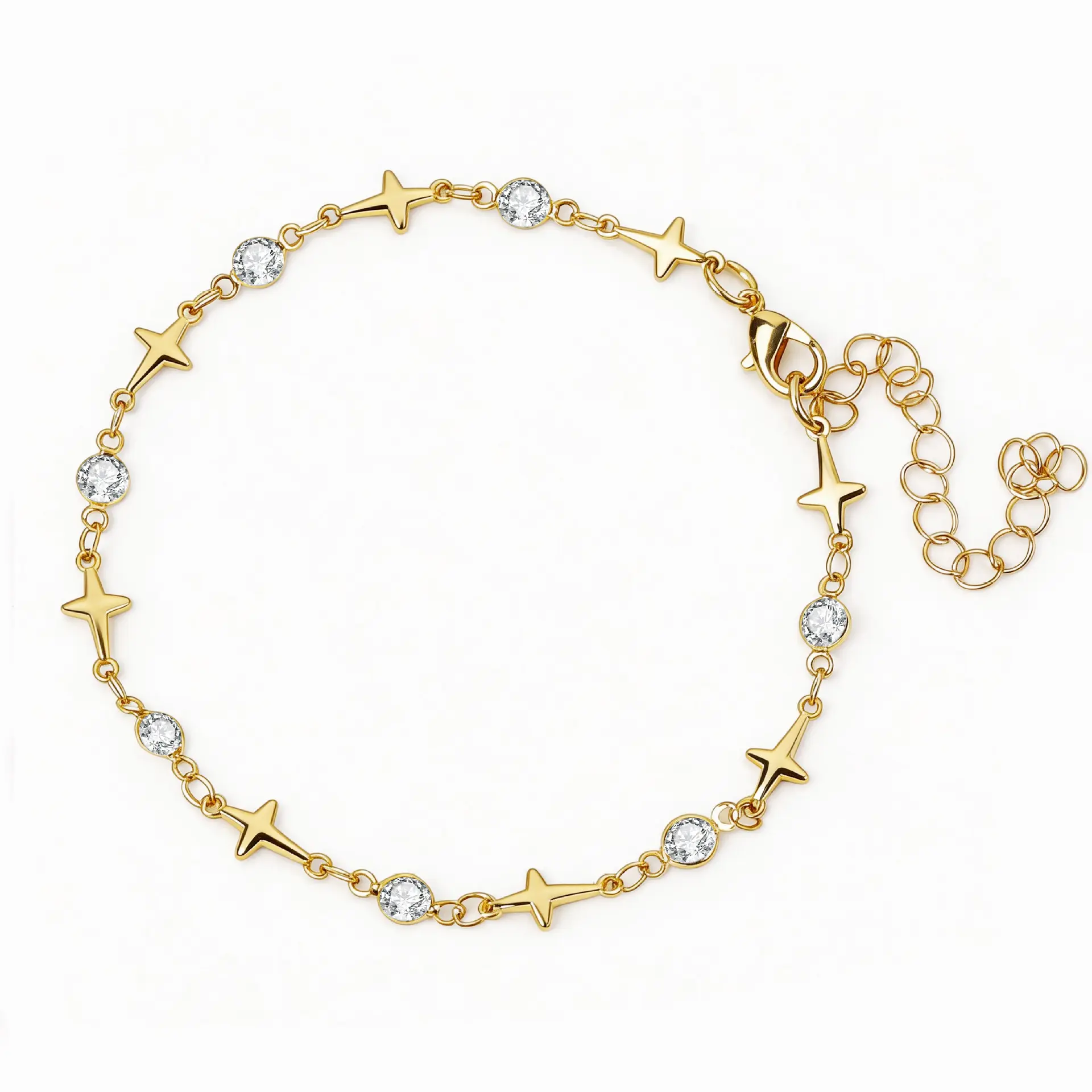 Popular minimalist European style ankle bracelet made of anti-tarnish electroplated alloy, decorated with geometric four-point star charms and round clear rhinestones in staggered layout. Equipped with extended adjustable tail chain to fit all ankle sizes, available in gold and silver two classic metallic tones. Ultra-slim lightweight chain design perfect for stackable matching, individually packed, ideal seaside travel souvenir foot accessory for women’s beach, daily and holiday styling.