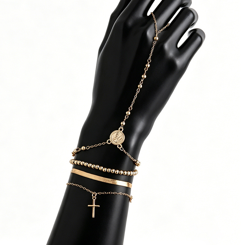 4Pcs Stackable Gold Bracelet Set, Cross Coin CCB Bead Snake Chain Hand Chain Connected Finger Ring Ins Hip Hop Minimal Personality Daily Jewelry for Women