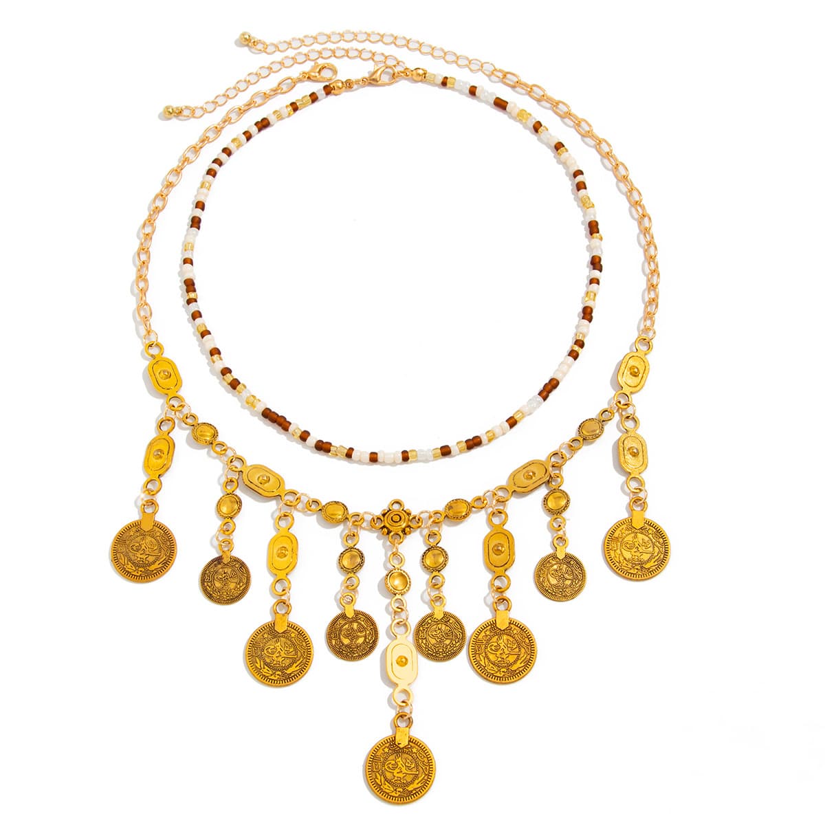 Boho Multi Layer Coin Tassel Necklace Vintage Ethnic Beaded Gold Choker Retro Geometric Pendant Women Daily Jewelry