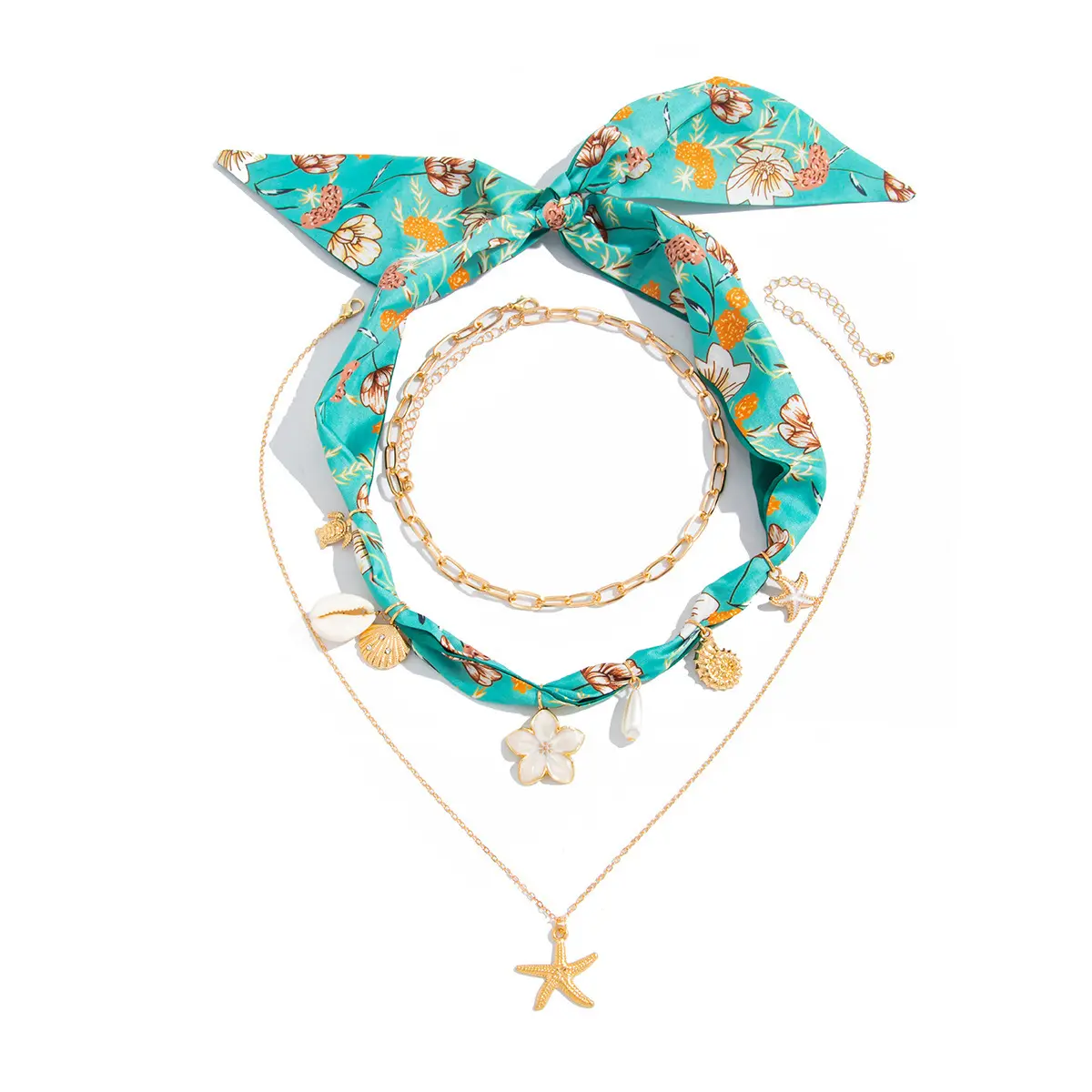Luxury Multi-Layer Silk Scarf Ocean Stack Necklace, Electroplated Alloy Zinc Pendant Floral Starfish Sun Charms Casual Travel Fashion Commute Women Collarbone Jewelry