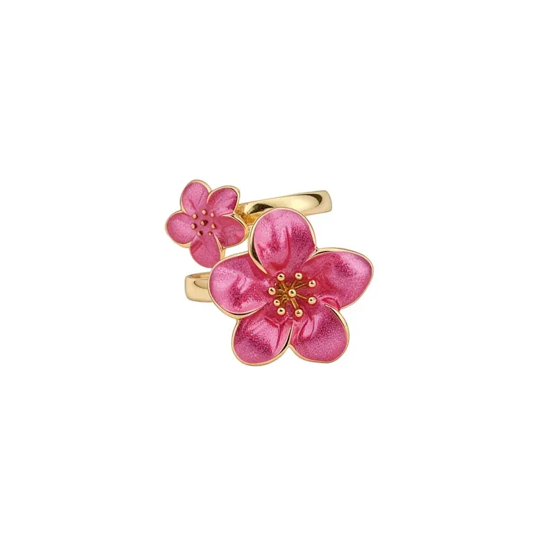 Dainty Drip Enamel Double Flower Open Ring, Electroplated Metal Sweet Fresh Floral Adjustable Stackable Women Statement Finger Jewelry