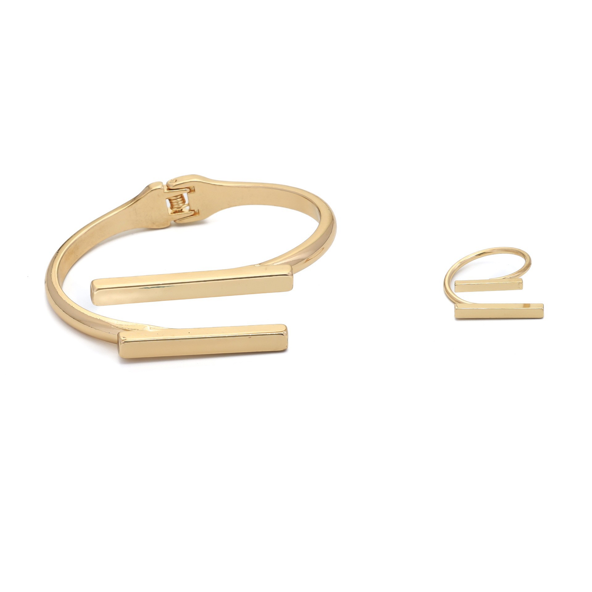 Minimal Geometric Bar Open Cuff Bracelet Ring Jewelry Set, Electroplated Alloy Square Line Adjustable OL Fashion Commute Statement Matching Jewelry for Women