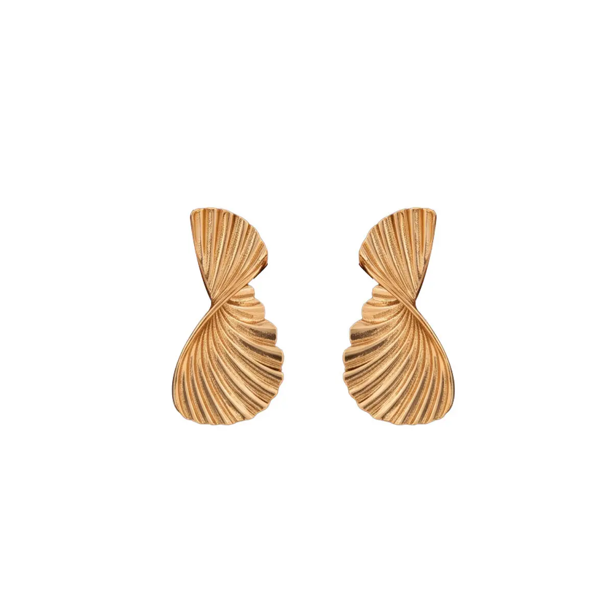 Twisted Shell Ribbed Drop Earrings, 14K Gold Plated Geometric Fan Dangle Studs, Vintage Textured Metal Statement Earrings for Women, Minimalist Luxury Commuter Jewelry