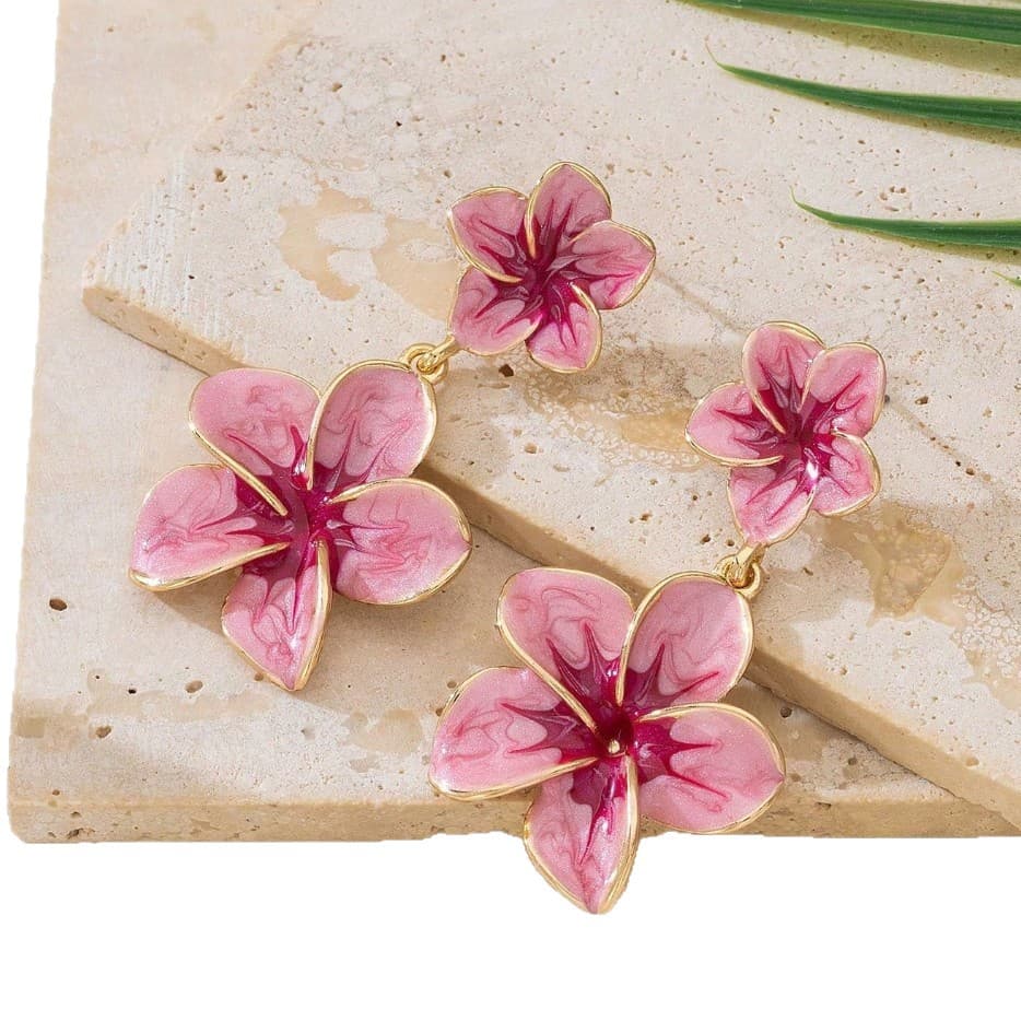 Two-Tier Enamel Plumeria Flower Drop Earrings, Electroplated Zinc Alloy Stainless Steel Pin Fresh Sweet Pastoral Oversized Floral Statement Ear Jewelry for Women