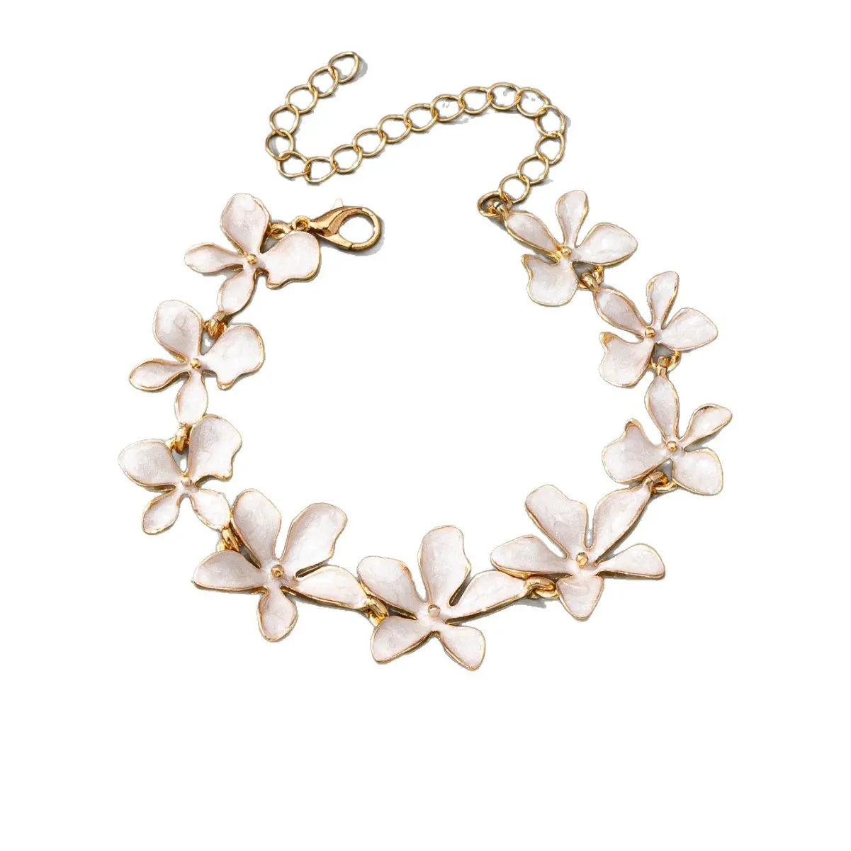 Vintage 3D White Enamel Flower Link Bracelet, Electroplated Zinc Alloy Minimal Fashion Commute Women Gold Floral Wrist Jewelry