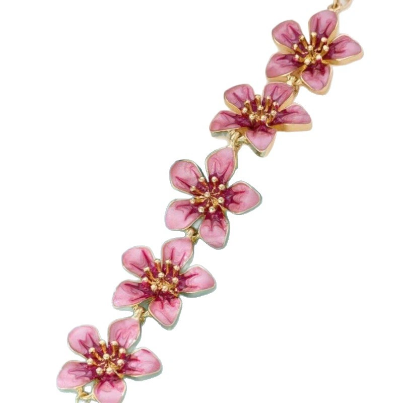 Pink Cherry Blossom Drip Enamel Ankle Bracelet, Electroplated Zinc Alloy Floral Vacation OL Women Adjustable Beach Anklet Foot Jewelry