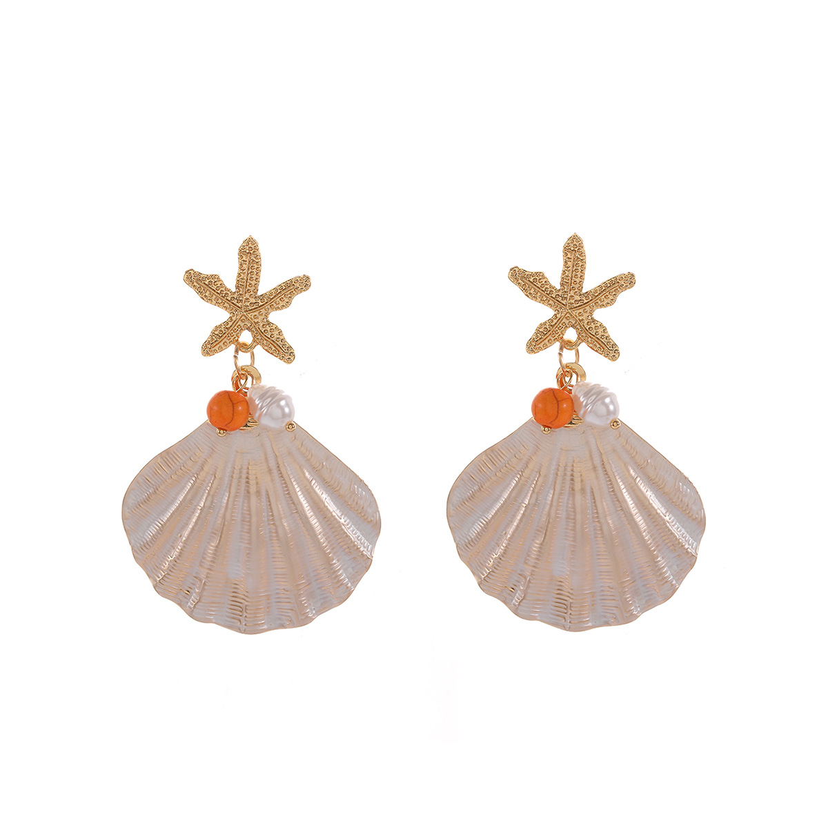 Ocean Natural Vacation Starfish Shell Drop Earrings, Electroplated Zinc Alloy Iron Pin Bold Marine Statement Fashion Commute Women Holiday Ear Jewelry